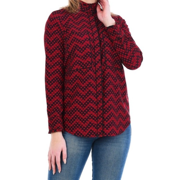 eshakti Tops - Eshakti Size 1x Chevron Red Heart Print Crepe Ruffle Black Trim Shirt